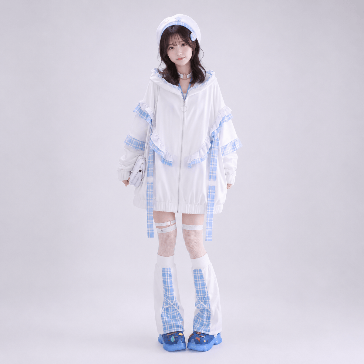 Kawaiies Collection - Apparel - Kawaii Lolita Checkered Cat-Eared Zip-Up White Black Hoodie