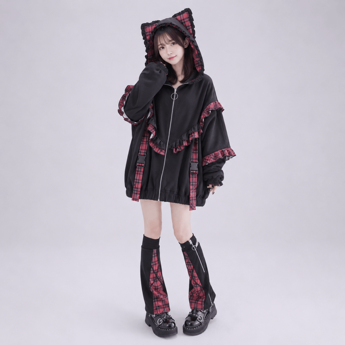 Kawaiies Collection - Apparel - Kawaii Lolita Checkered Cat-Eared Zip-Up White Black Hoodie