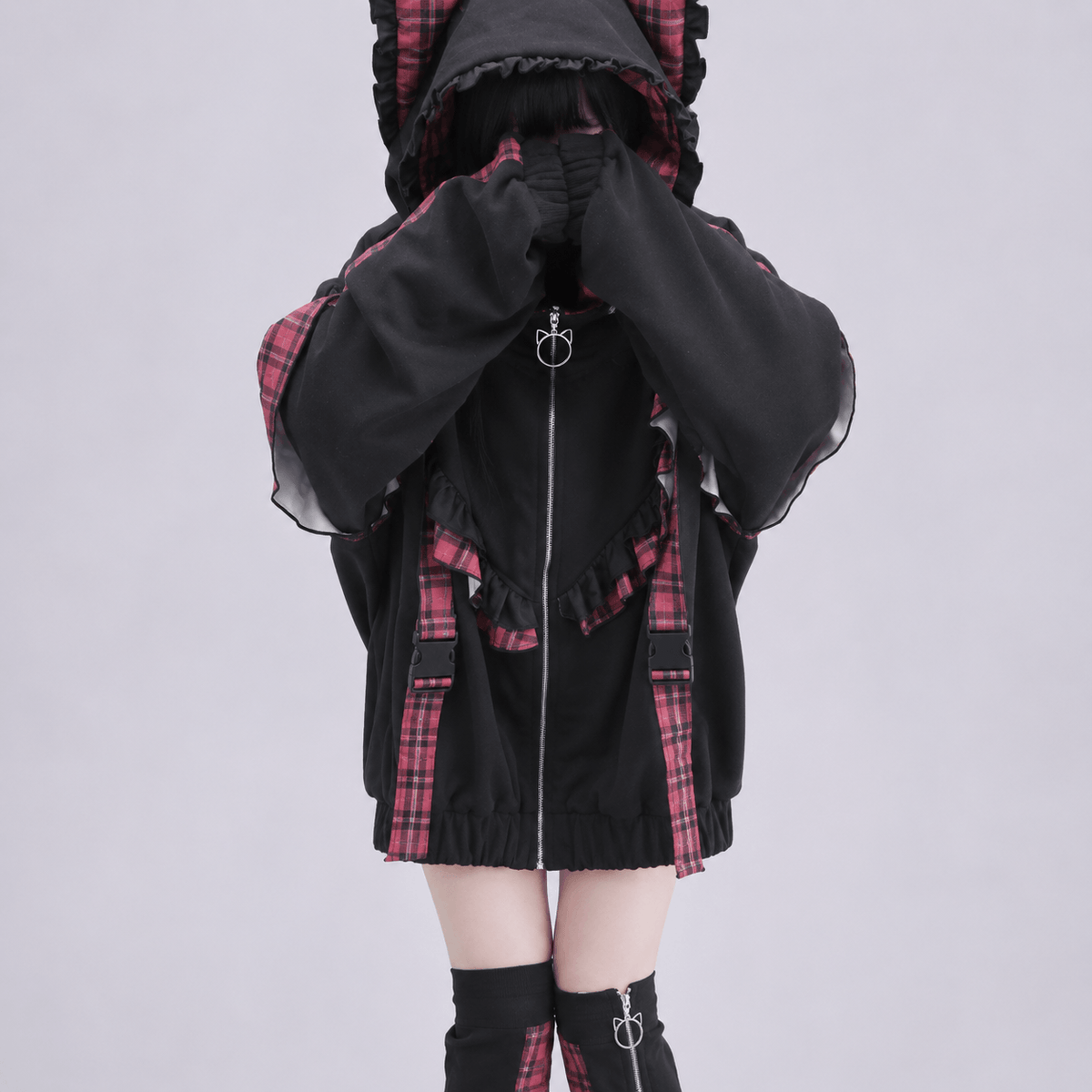 Kawaiies Collection - Apparel - Kawaii Lolita Checkered Cat-Eared Zip-Up White Black Hoodie