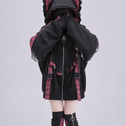 Kawaii Lolita Checkered Cat-Eared Zip-Up White Black Hoodie
