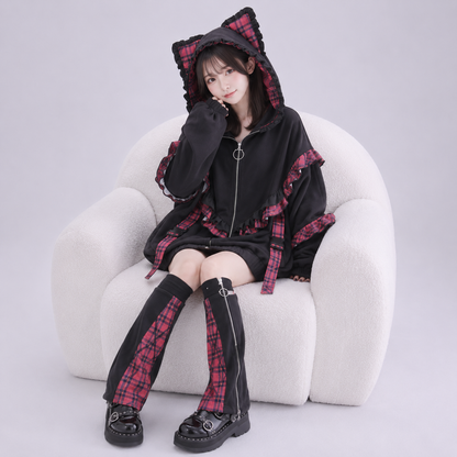 Kawaii Lolita Checkered Cat-Eared Zip-Up White Black Hoodie