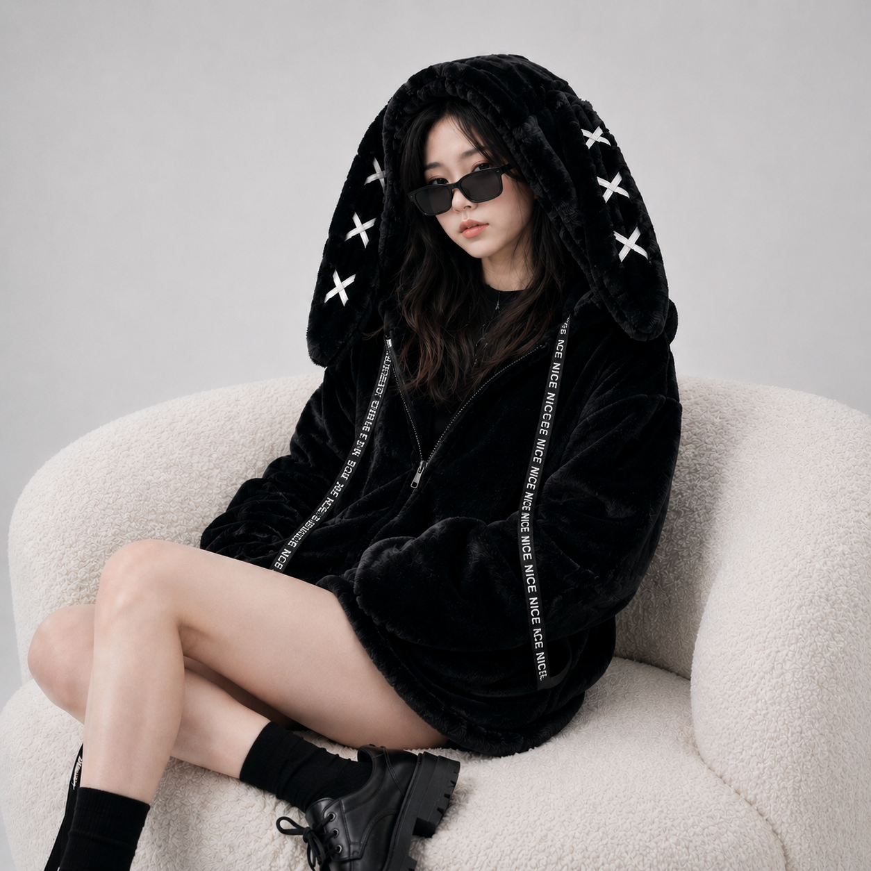 Goth Bunny Oversized Fluffy Zipper Black Jacket
