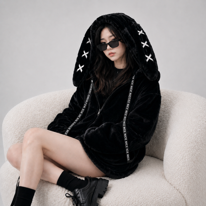 Goth Bunny Oversized Fluffy Zipper Black Jacket