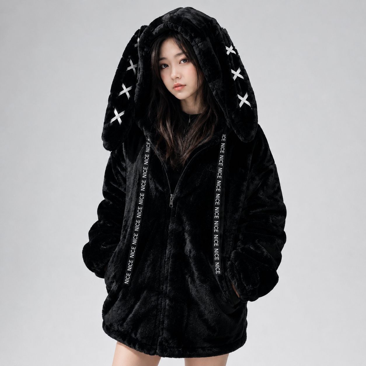 Goth Bunny Oversized Fluffy Zipper Black Jacket