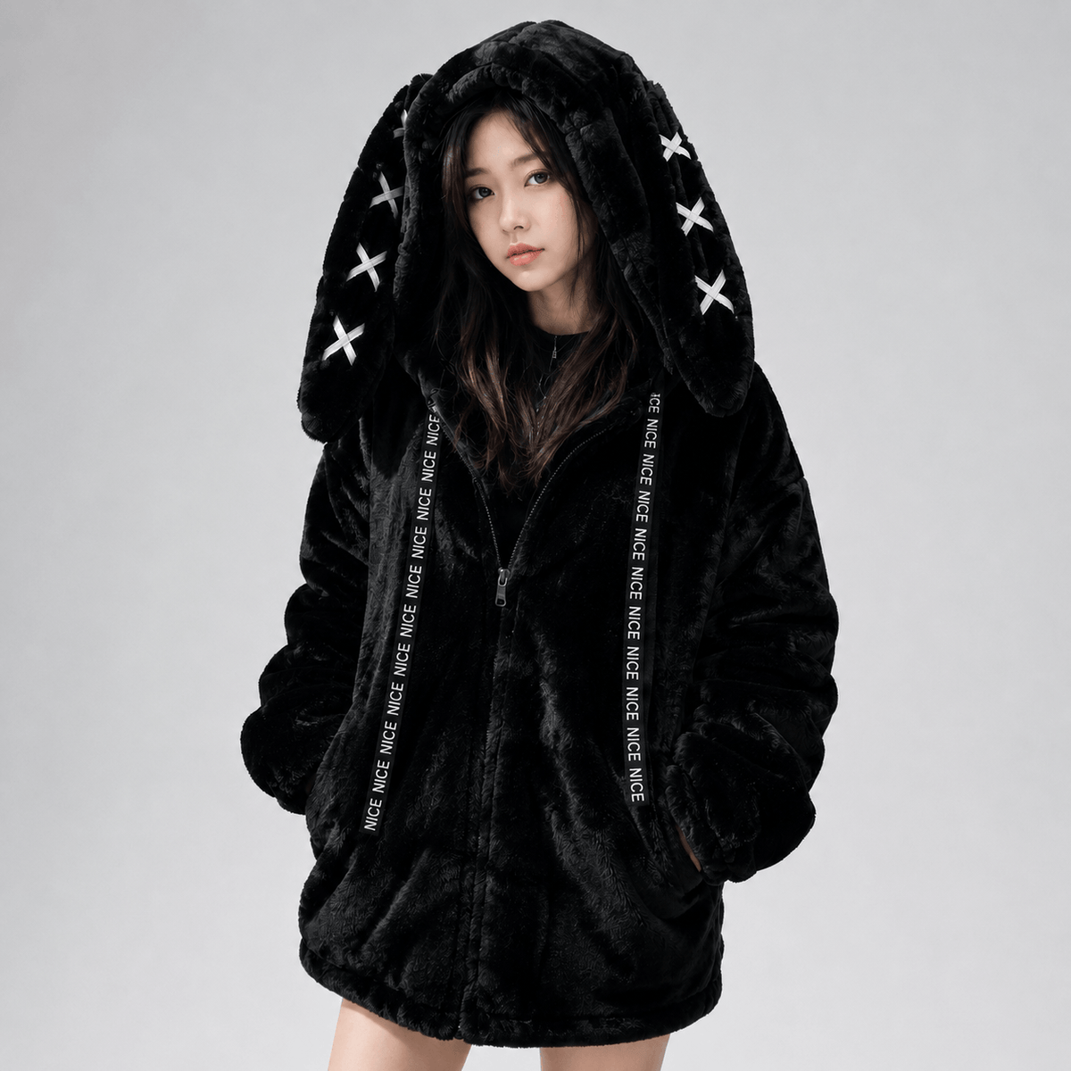 Kawaiies Collection - Apparel - Goth Bunny Oversized Fluffy Zipper Black Jacket