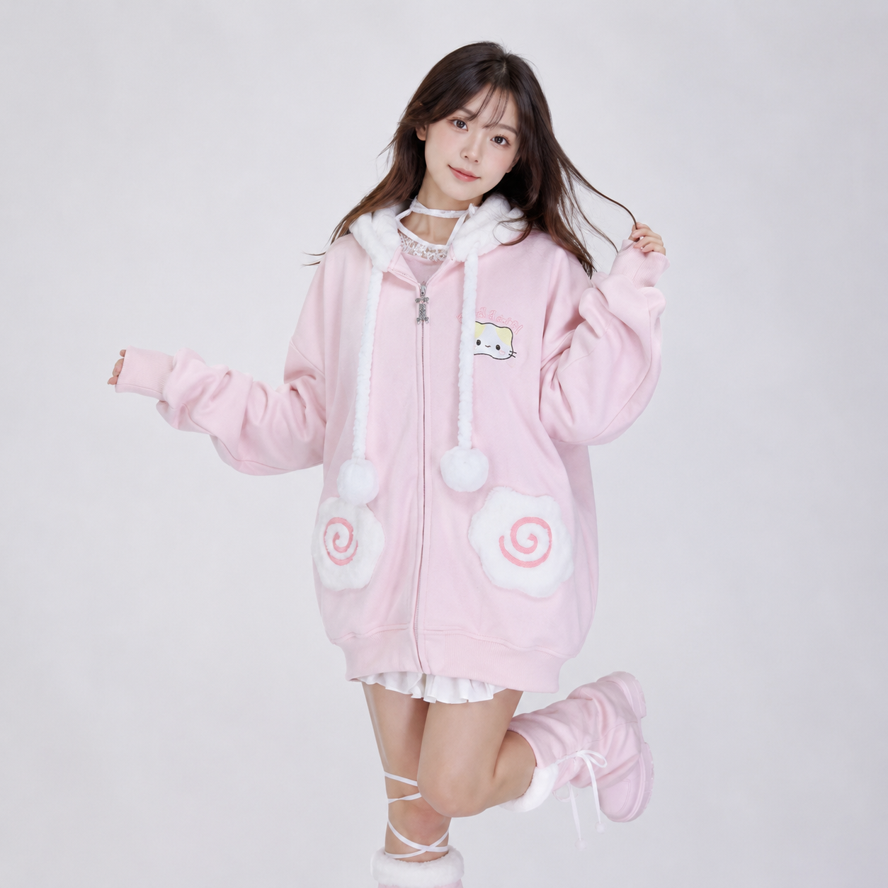 Japanese Kawaii Fluffy Pink Yellow Cat Zip-Up Jacket