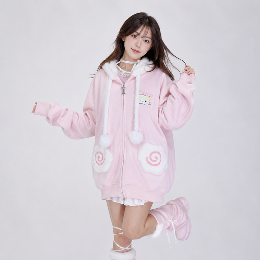 Japanese Kawaii Fluffy Pink Yellow Cat Zip-Up Jacket