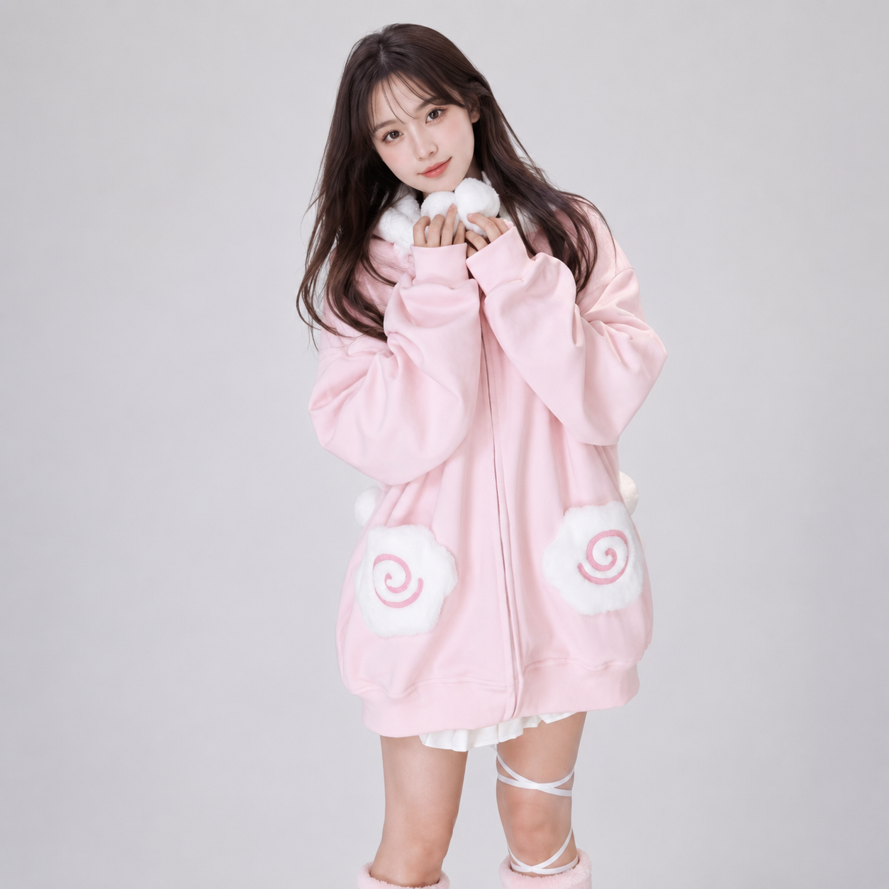 Japanese Kawaii Fluffy Pink Yellow Cat Zip-Up Jacket
