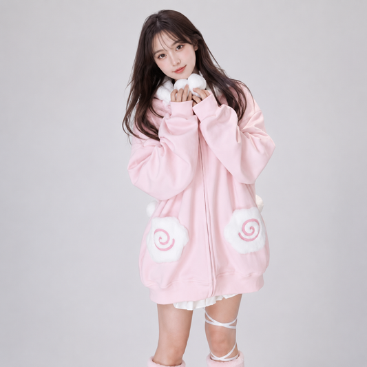 Japanese Kawaii Fluffy Pink Yellow Cat Zip-Up Jacket