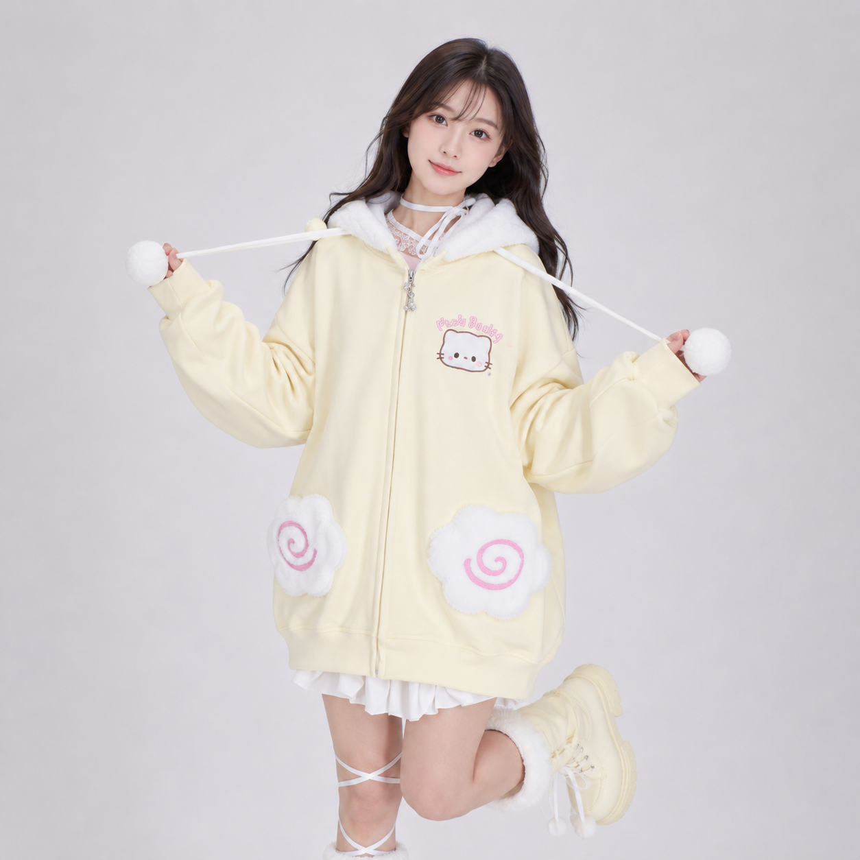 Japanese Kawaii Fluffy Pink Yellow Cat Zip-Up Jacket