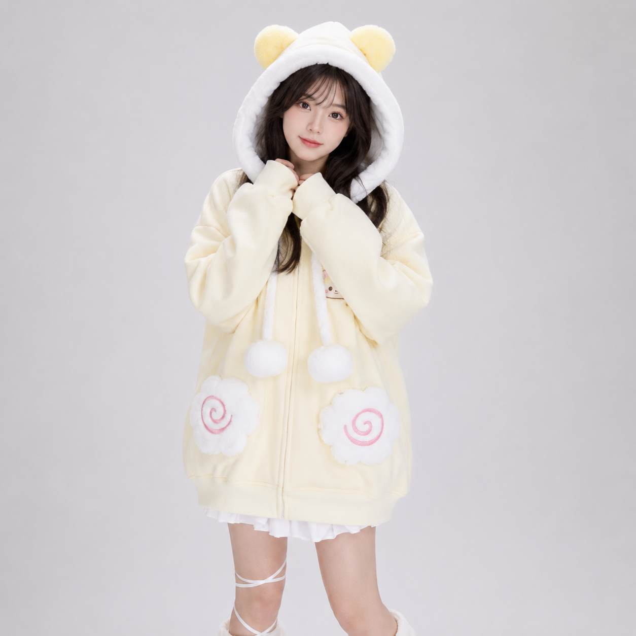 Japanese Kawaii Fluffy Pink Yellow Cat Zip-Up Jacket
