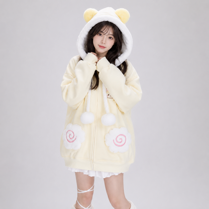 Japanese Kawaii Fluffy Pink Yellow Cat Zip-Up Jacket