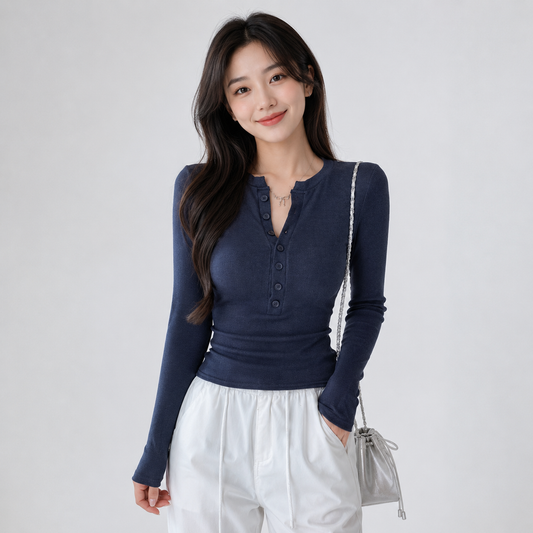 Sleek Slim Fit Ribbed Button-Up Long Sleeve Top
