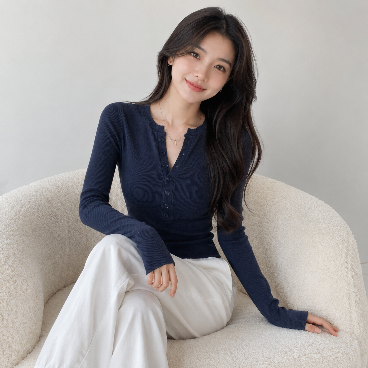 Sleek Slim Fit Ribbed Button-Up Long Sleeve Top