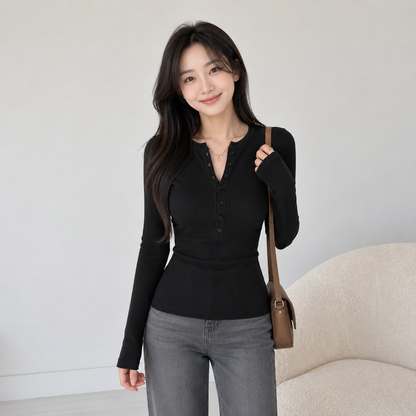 Sleek Slim Fit Ribbed Button-Up Long Sleeve Top