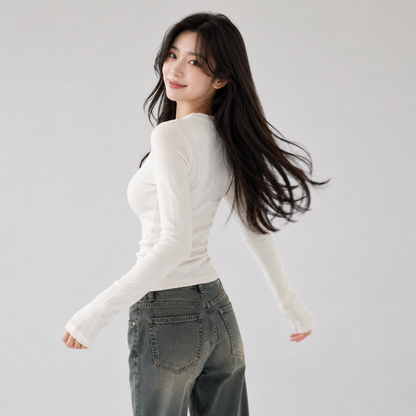 Sleek Slim Fit Ribbed Button-Up Long Sleeve Top
