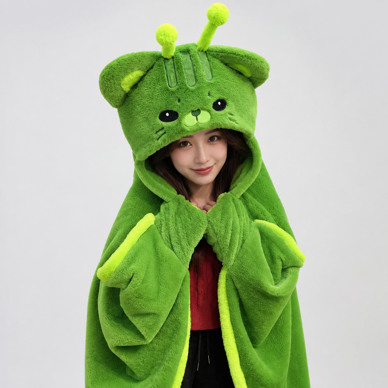 Fluffy Green Cat Cloak Hooded Blanket Cape