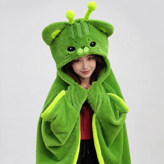 Fluffy Green Cat Cloak Hooded Blanket Cape