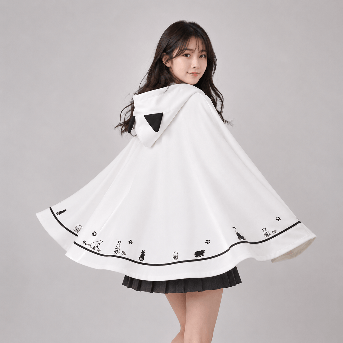 Kawaiies Collection - Apparel - Kawaii White Black Hooded Cat Ears Oversized Ponchos Coats