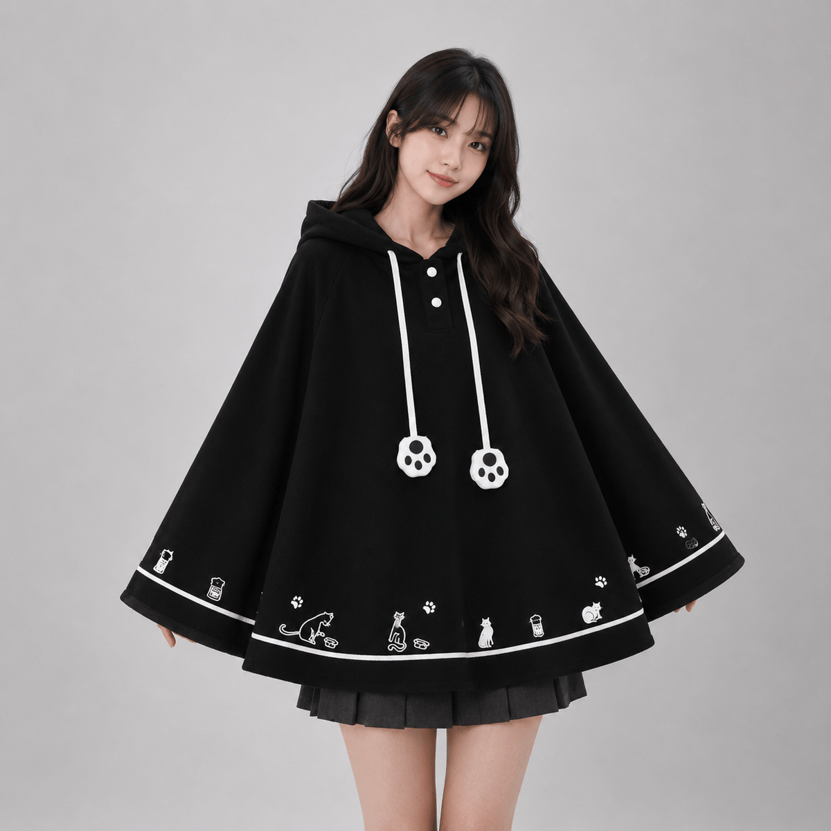 Kawaiies Collection - Apparel - Kawaii White Black Hooded Cat Ears Oversized Ponchos Coats