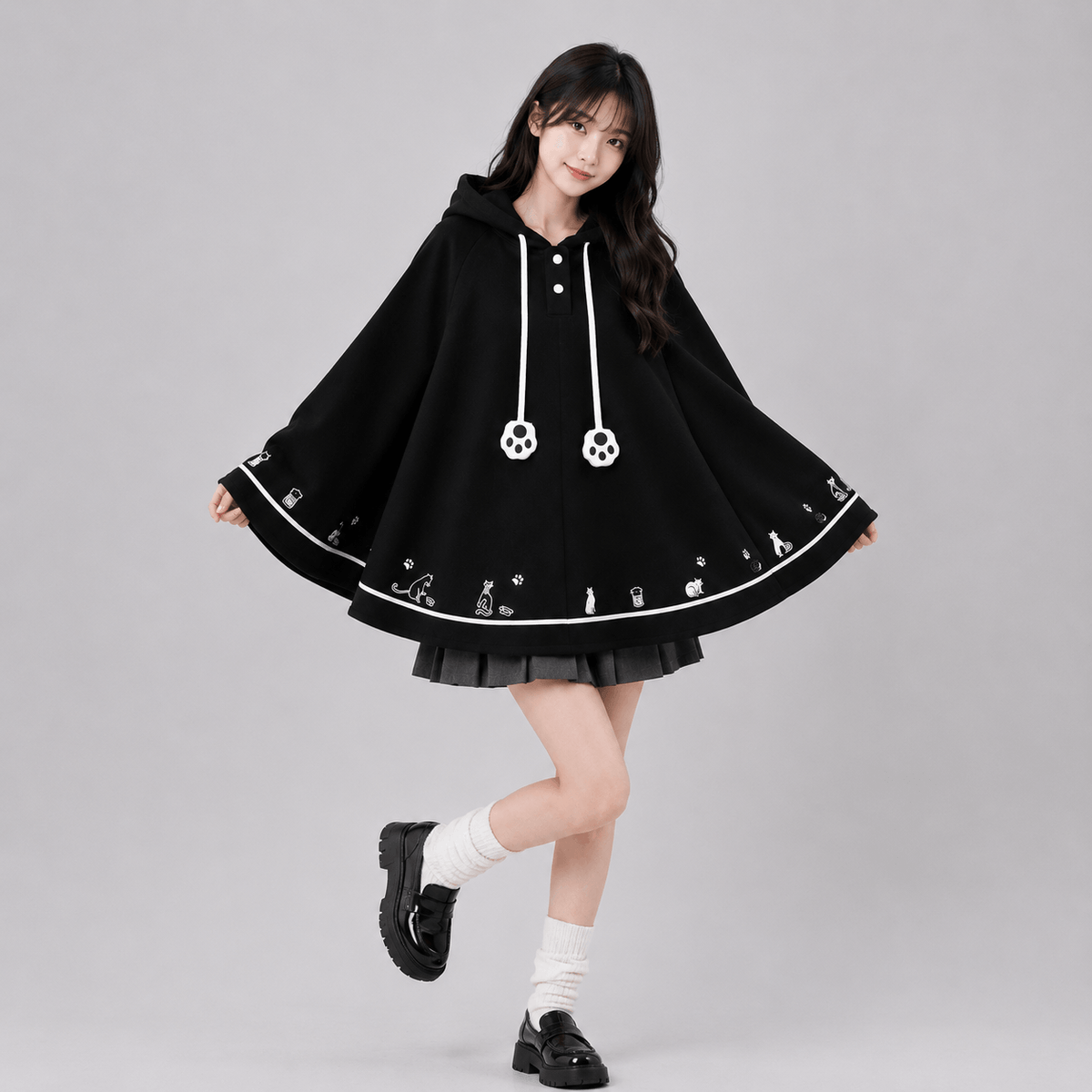 Kawaiies Collection - Apparel - Kawaii White Black Hooded Cat Ears Oversized Ponchos Coats