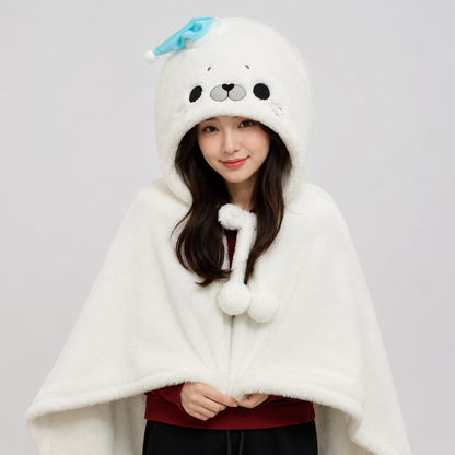 Fluffy White Seal Cloak Hooded Blanket Cape