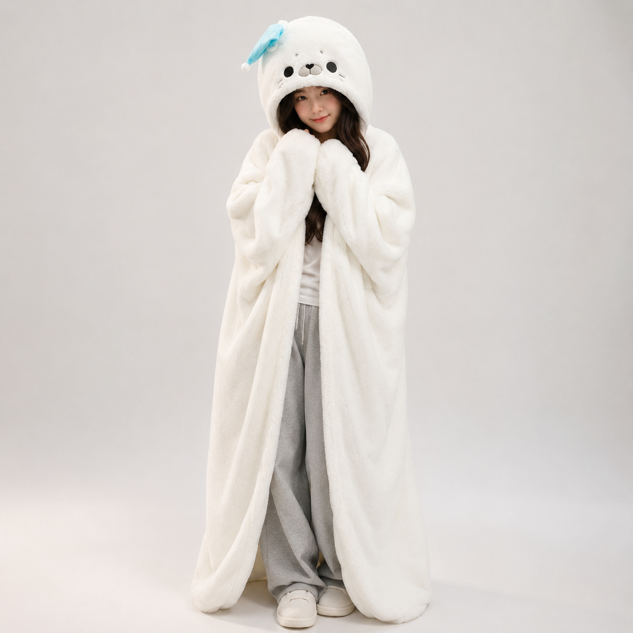 Fluffy White Seal Cloak Hooded Blanket Cape