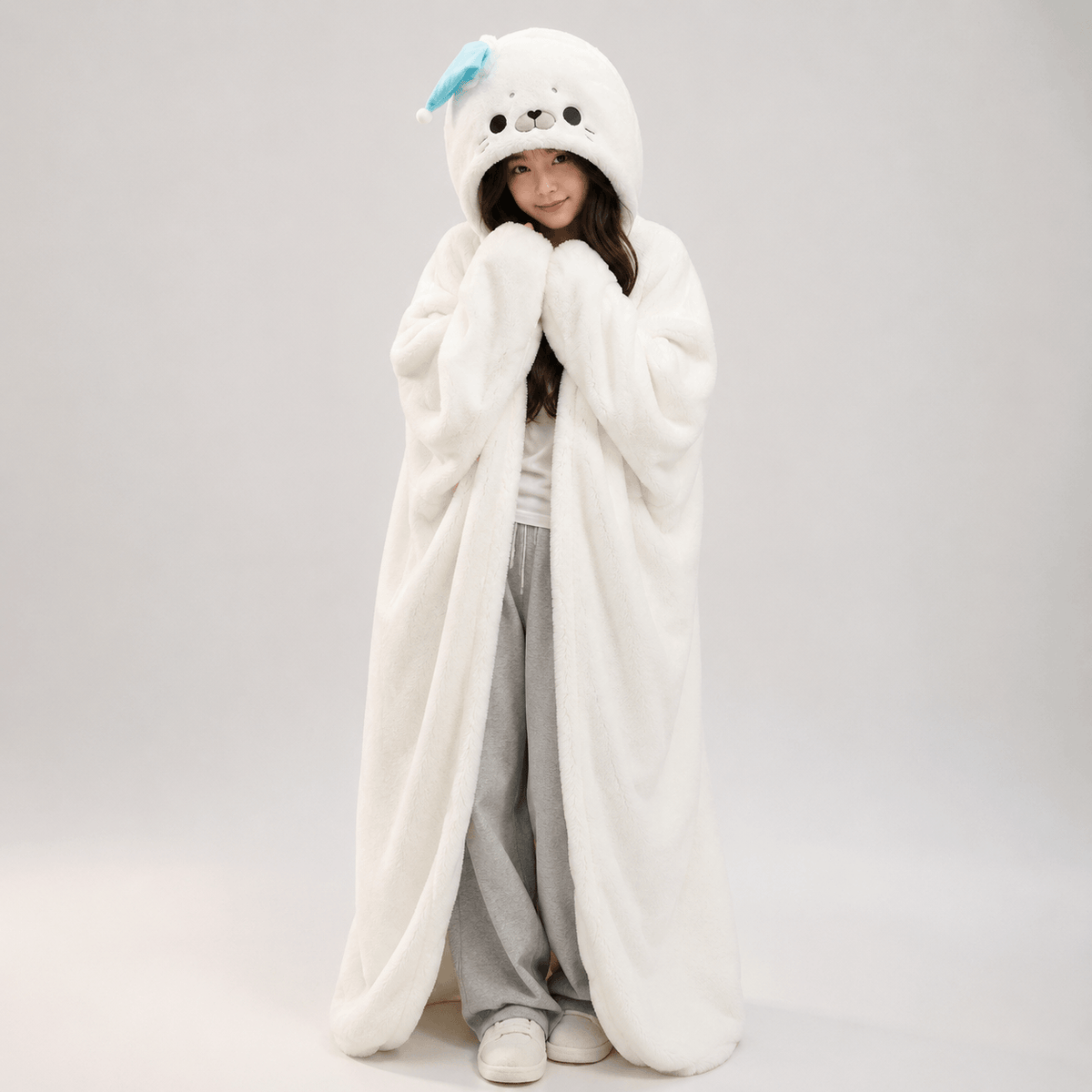 Kawaiies Collection - Apparel - Fluffy White Seal Cloak Hooded Blanket Cape