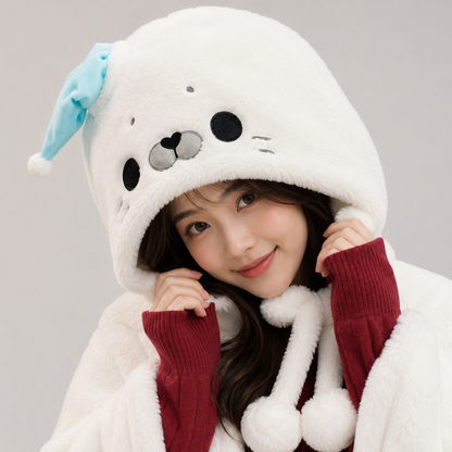 Fluffy White Seal Cloak Hooded Blanket Cape