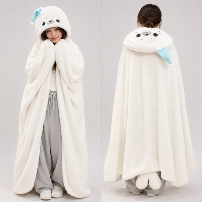 Fluffy White Seal Cloak Hooded Blanket Cape