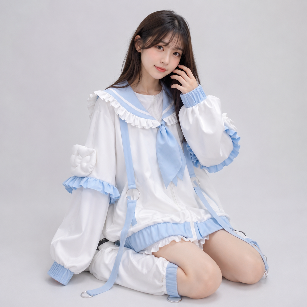 Sweetheart Harajuku White Blue Ruffles Zipper Jacket