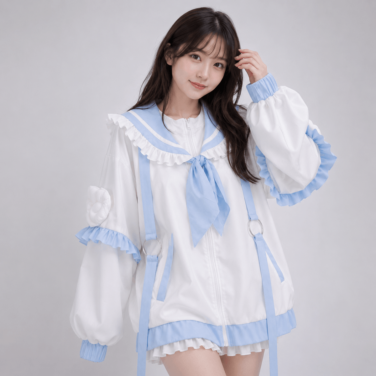 Kawaiies Collection - Apparel - Sweetheart Harajuku White Blue Ruffles Zipper Jacket