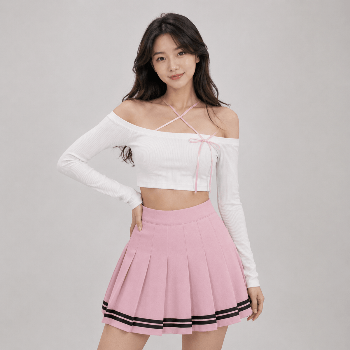 Kawaiies Collection - Apparel - Preppy Pleated Striped Tennis Black Pink Navy White Mini Skirt