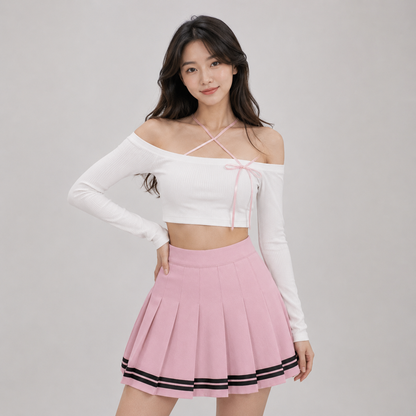 Preppy Pleated Striped Tennis Black Pink Navy White Mini Skirt
