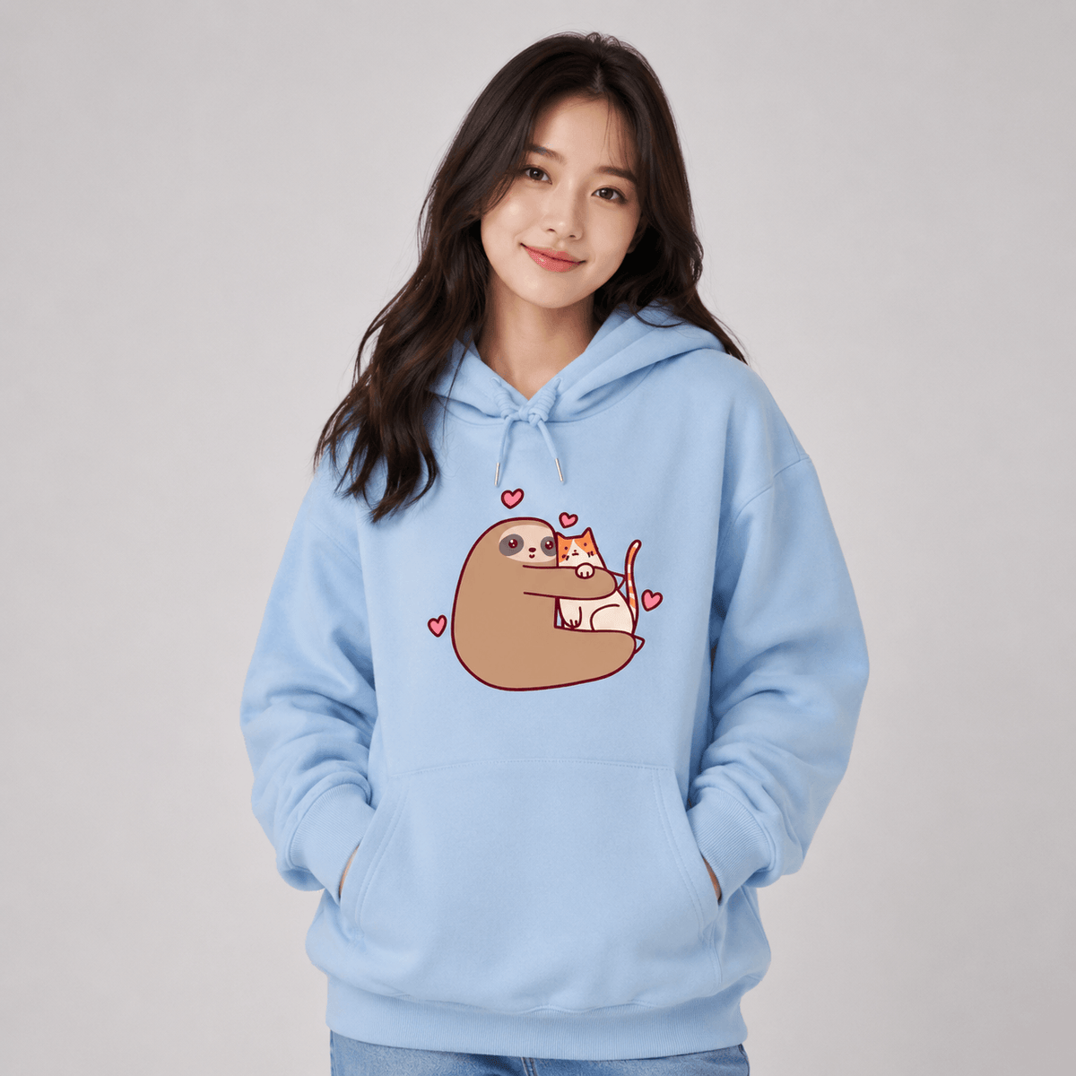 Kawaiies Collection - Apparel - Kawaii Sloth Hugging Cat Unisex Hoodie