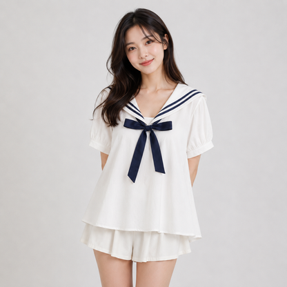 Sailor Moon Inspired Collar White Blue College Shirt Tie Women's  Top