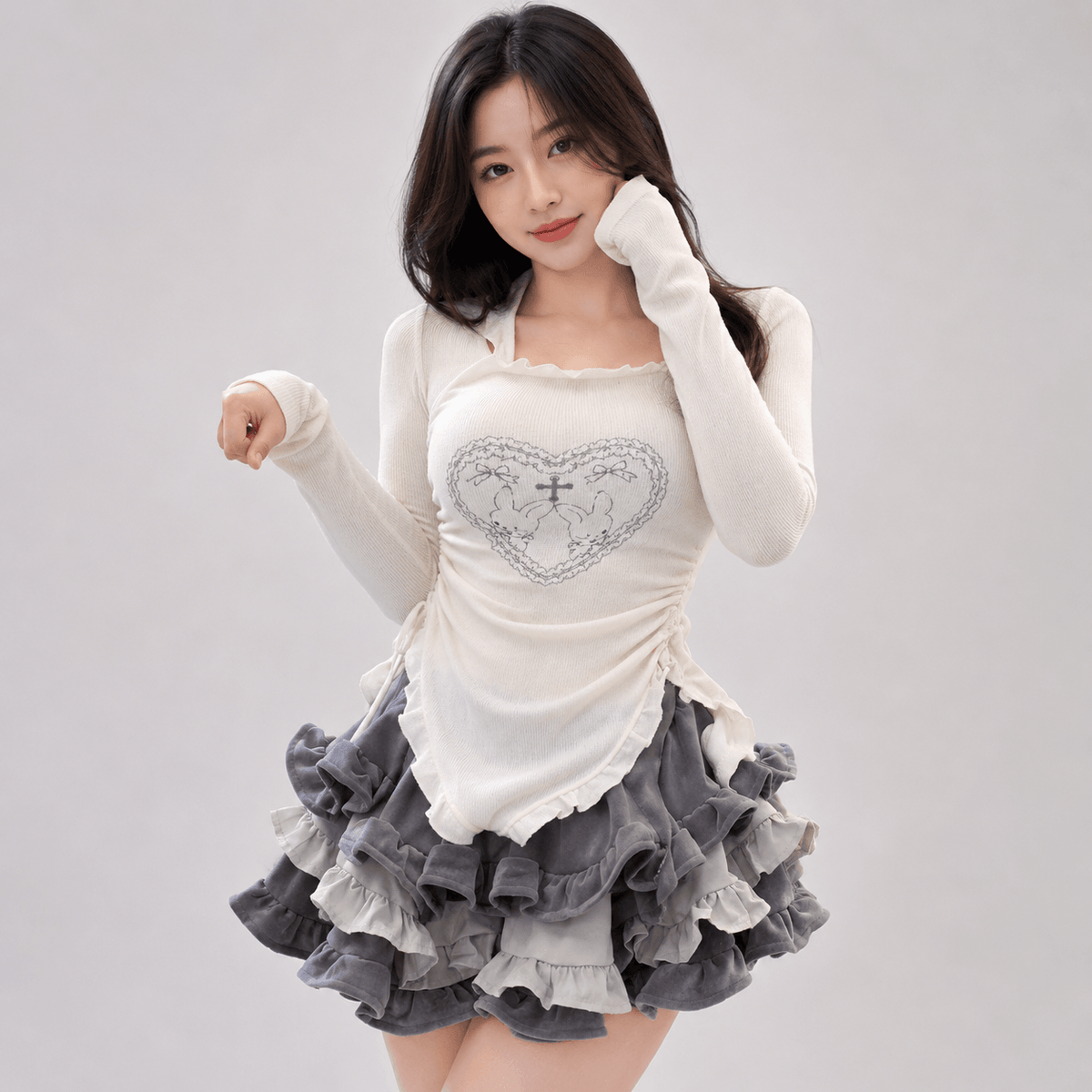 Kawaiies Collection - Apparel - Japanese Harajuku Gray White Bunny Ruffled Skirt Top