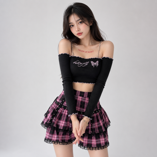 Harajuku Lolita Gothic Black Pink Laced Plaid Pleated Skirt
