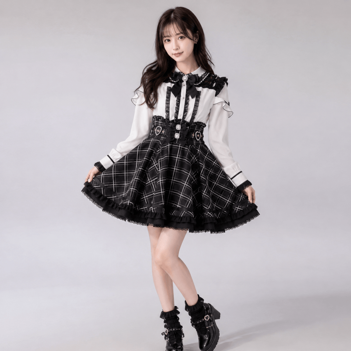 Kawaiies Collection - Apparel - Gothic Heart Bow High Waist Black Plaid Skirt
