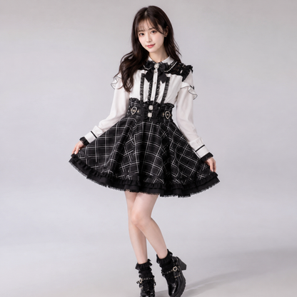 Gothic Heart Bow High Waist Black Plaid Skirt