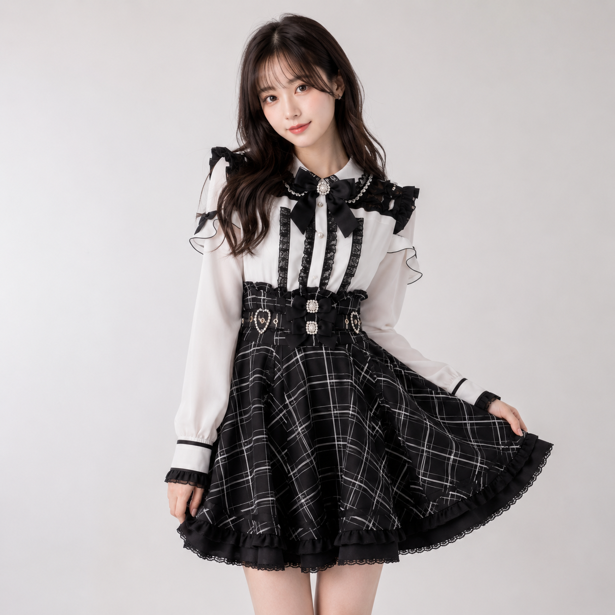Gothic Heart Bow High Waist Black Plaid Skirt