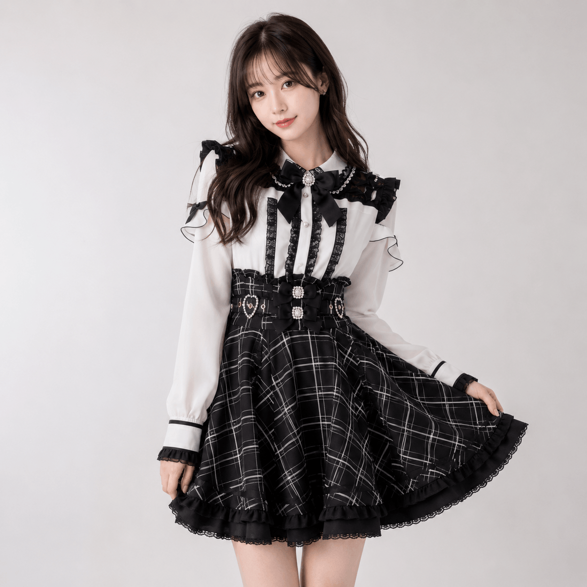 Kawaiies Collection - Apparel - Gothic Heart Bow High Waist Black Plaid Skirt