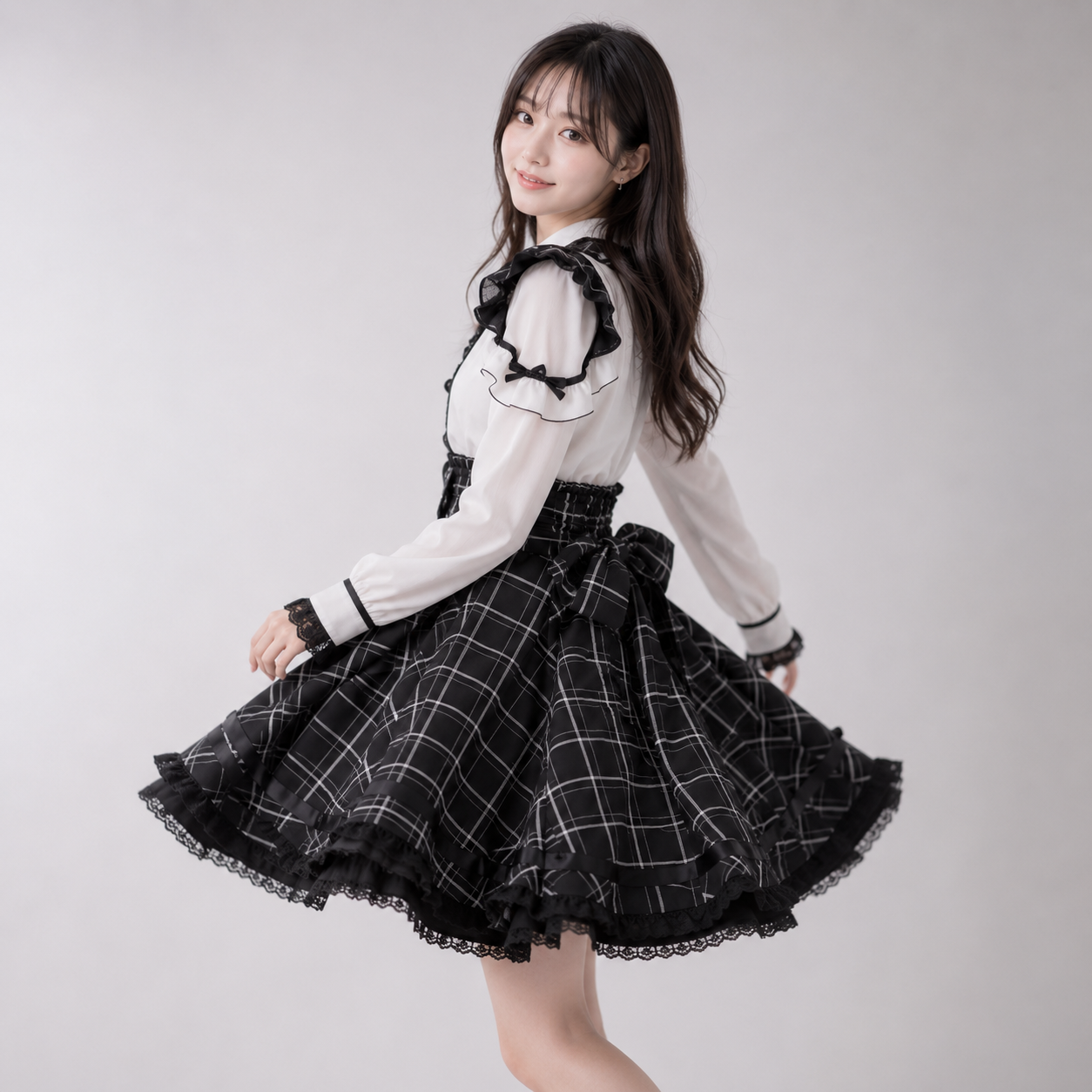 Gothic Heart Bow High Waist Black Plaid Skirt