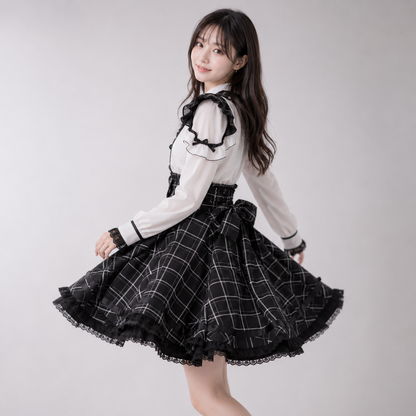 Gothic Heart Bow High Waist Black Plaid Skirt