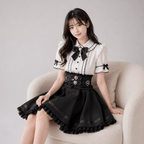 Kawaiies Collection - Apparel - Gothic Heart Bow High Waist Black Plaid Skirt
