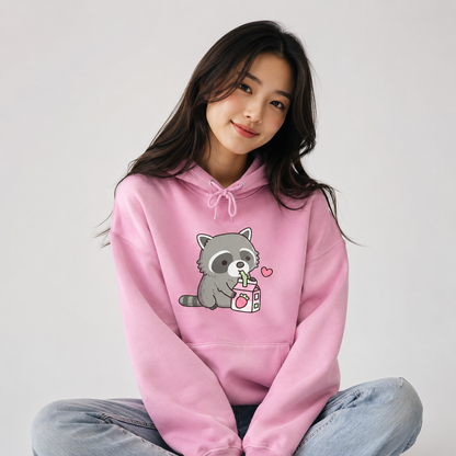 Kawaii Raccoon Drinking Strawberry Milk Unisex Hoodie