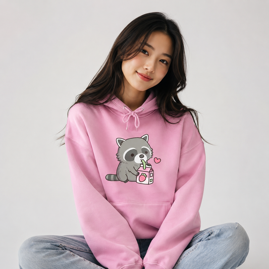 Kawaii Raccoon Drinking Strawberry Milk Unisex Hoodie