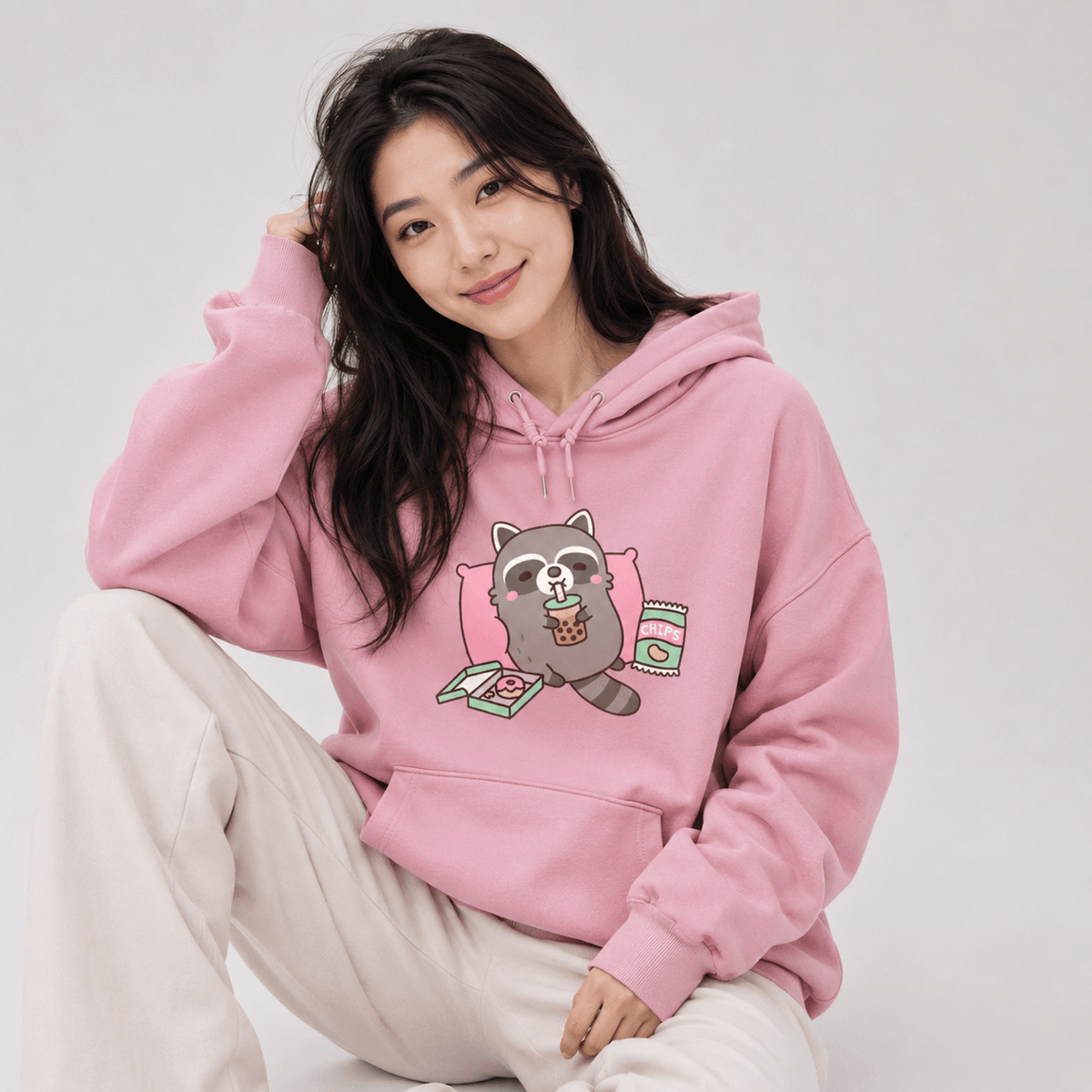 Kawaiies Collection - Apparel - Cartoon Raccoon Bubble Tea Unisex Hoodie