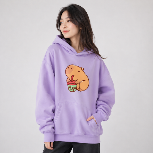 Chonky Capybara Drinking Matcha Bubble Tea Unisex Hoodie