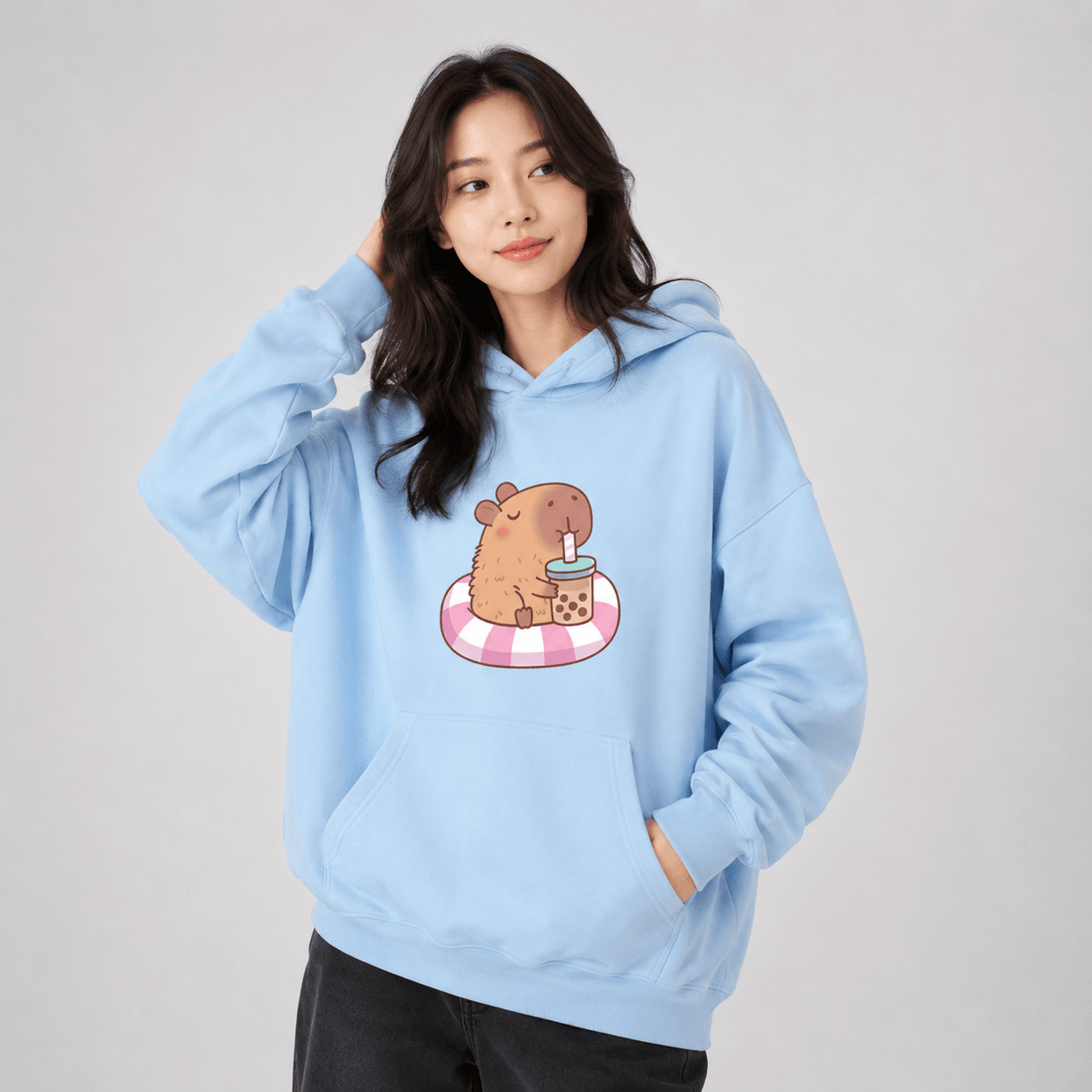 Kawaiies Collection - Apparel - Capybara Floating & Sipping Bubble Tea Unisex Hoodie